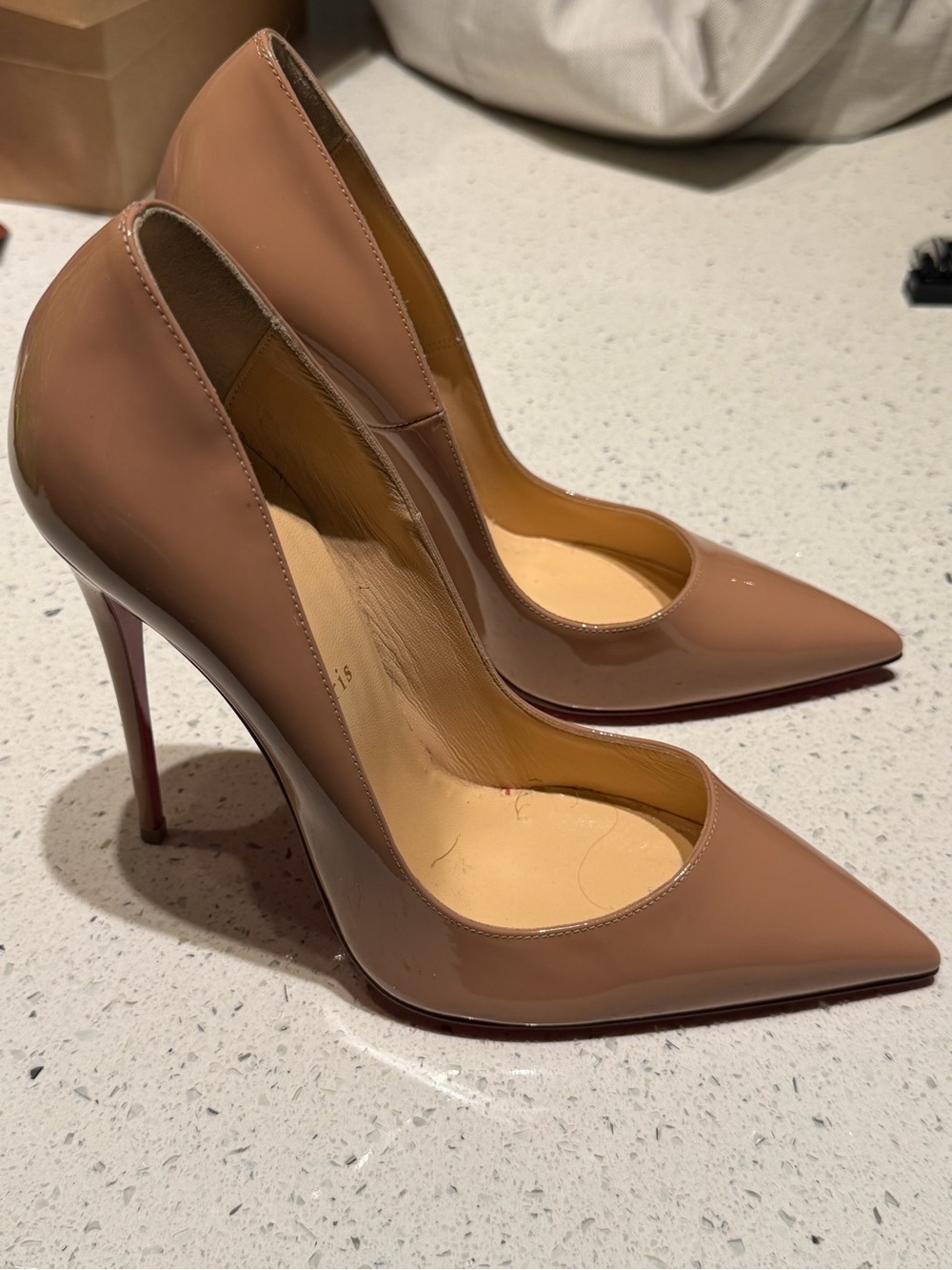 $945 Christian Louboutin So Kate Patent Leather Pointed Toe Pumps in Nude Brown